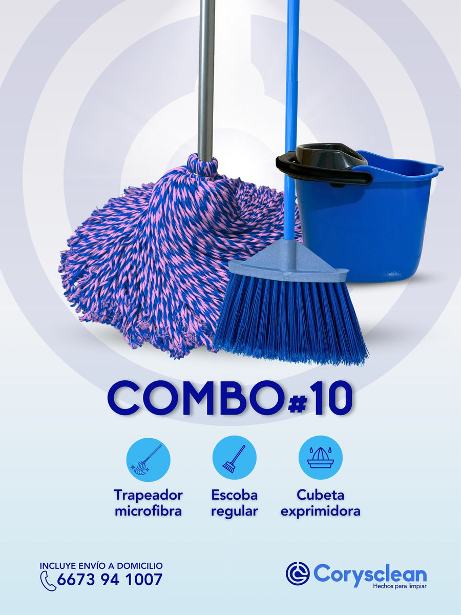 Combo #10 - Combo Trapeador Microfibra con Escoba Regular y Cubeta Exprimidora