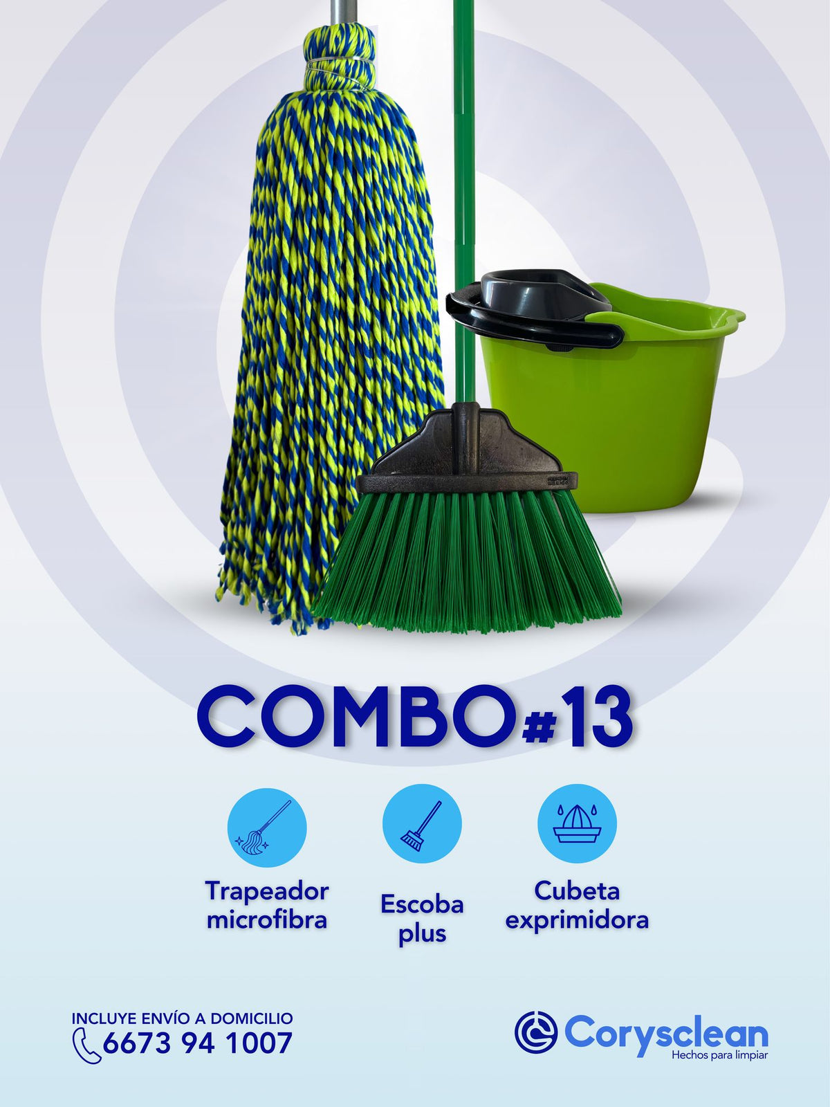 Combo #13 - Combo Trapeador Microfibra con Escoba Plus y Cubeta Exprimidora
