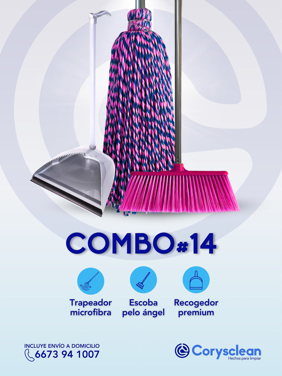 Combo #14 - Combo Trapeador Microfibra con Escoba Pelo de Ángel y Recogedor Premium