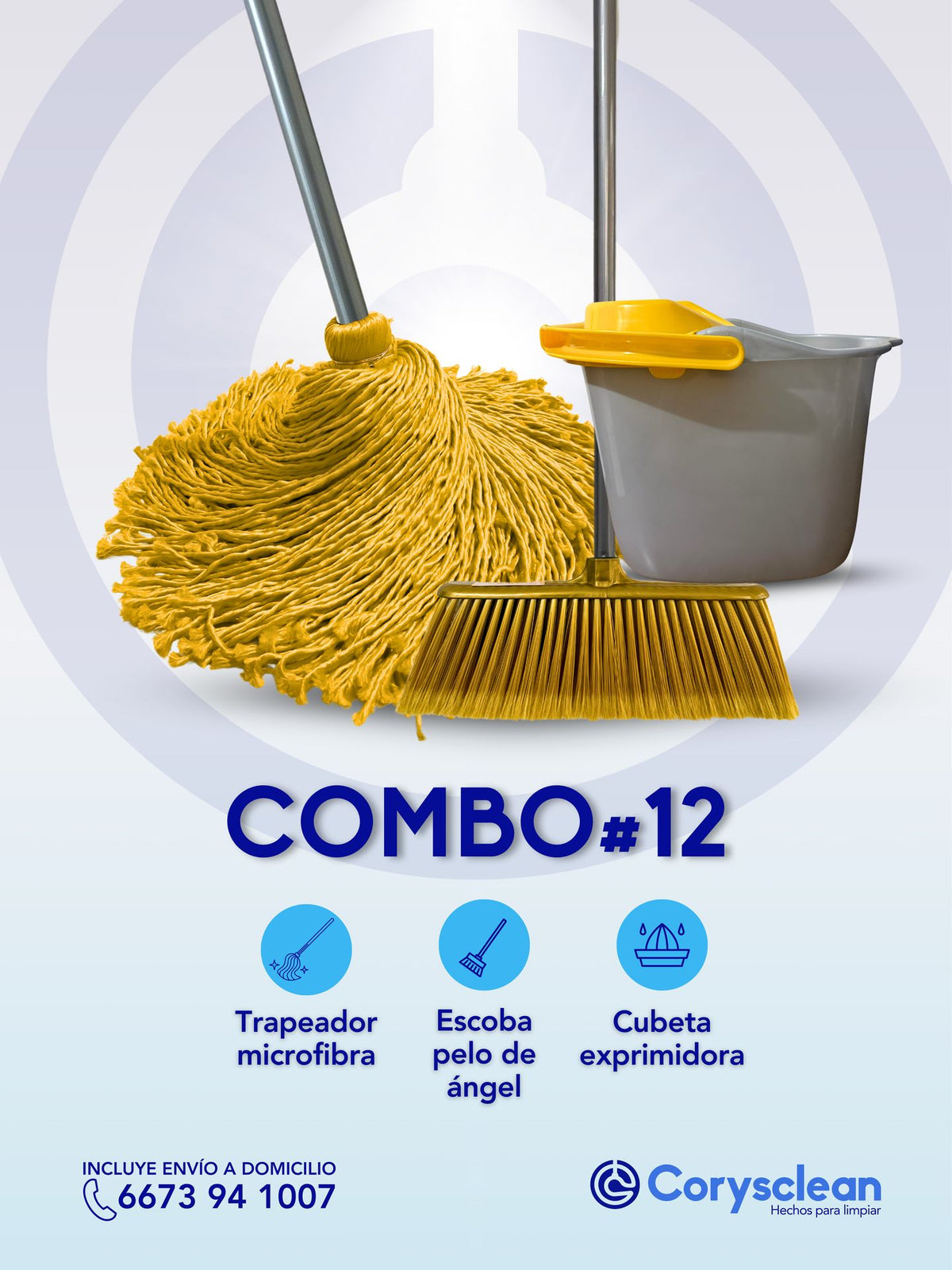 Combo #12 - Combo Trapeador Microfibra con Escoba Pelo de Ángel y Cubeta Exprimidora