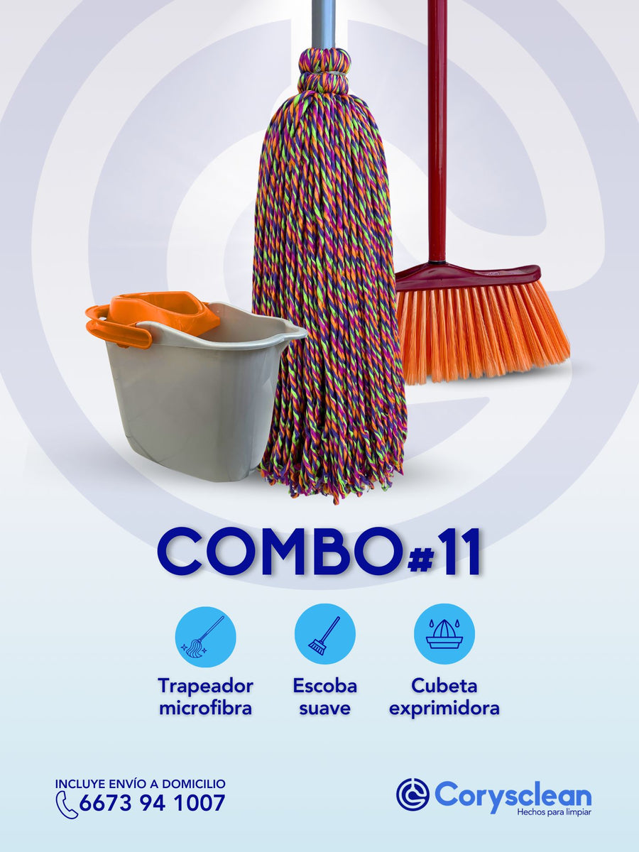 Combo #11 - Combo Trapeador Microfibra con Escoba Suave y Cubeta Exprimidora